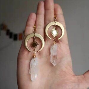 Sun Crescent Gold Natural Stone Witchy Earrings
